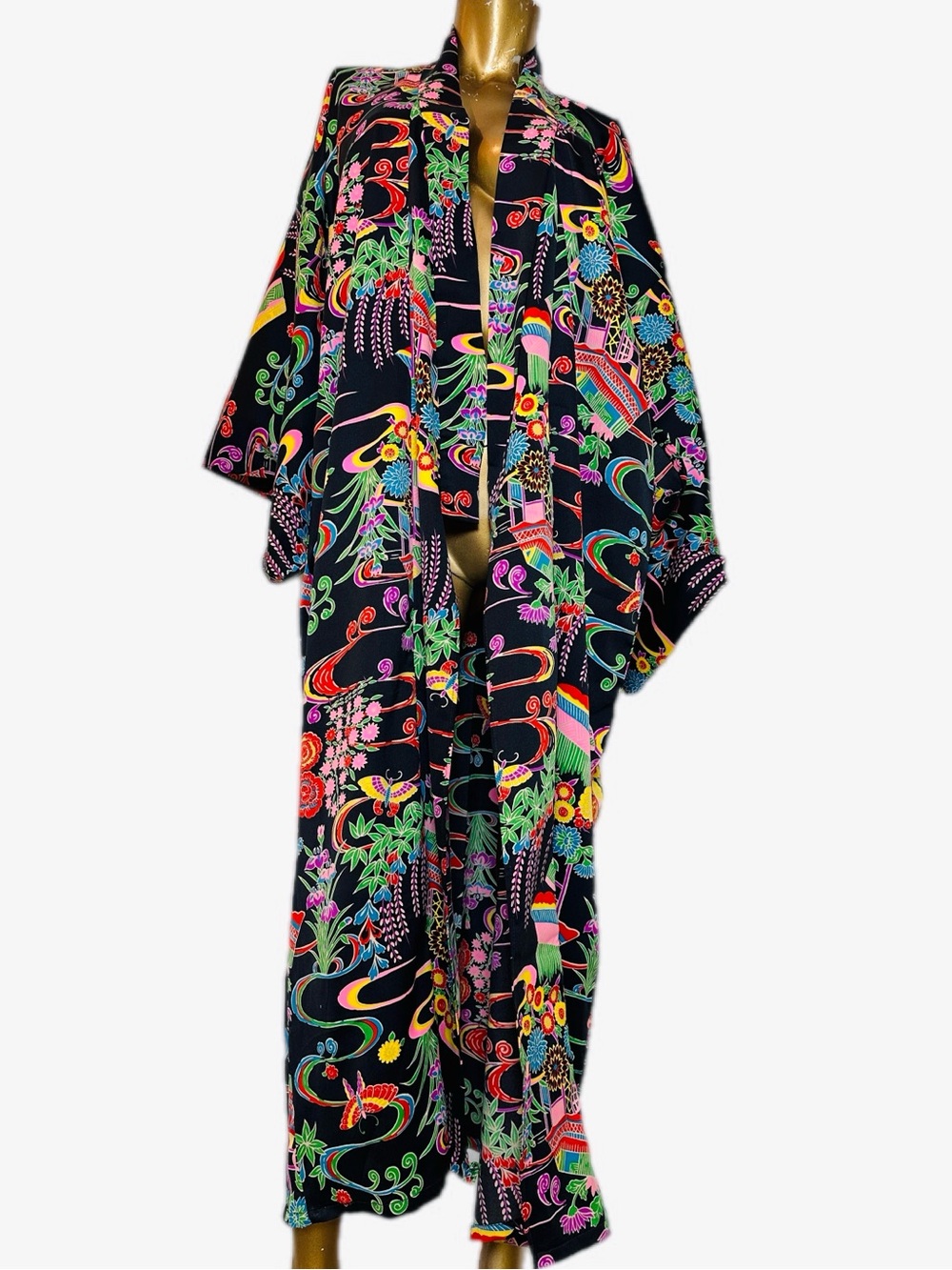Vintage Japanese scenic Kimono Duster Robe Neon Floral Butterfly free size/55